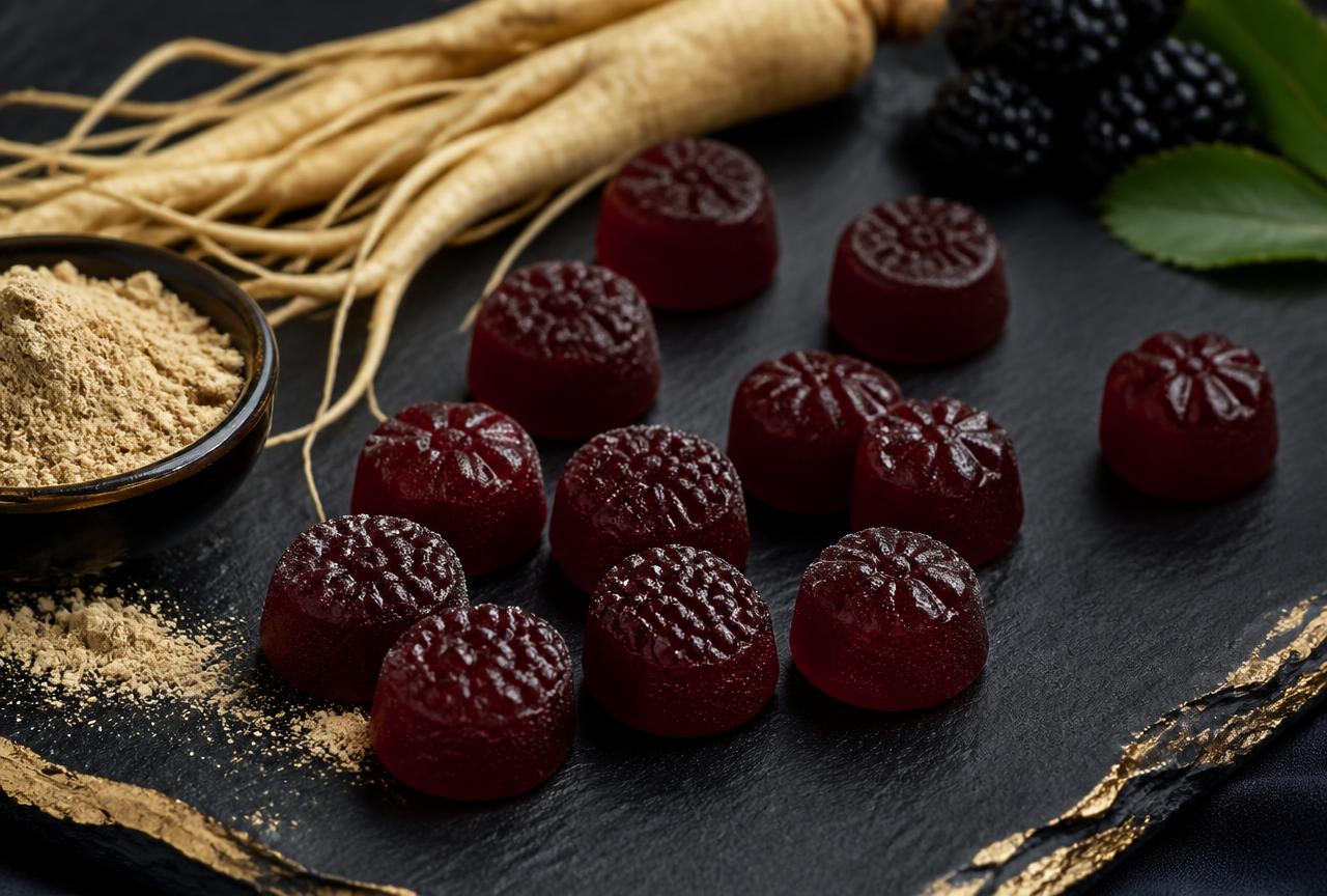 Close-up of PRIME MAN Gummies H berry gummies with ginseng root and maca powder